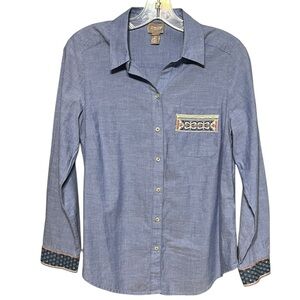 Chico’s Embroidered Chambray Blue Button-Up Shirt Lightweight Long Sleeve Top S